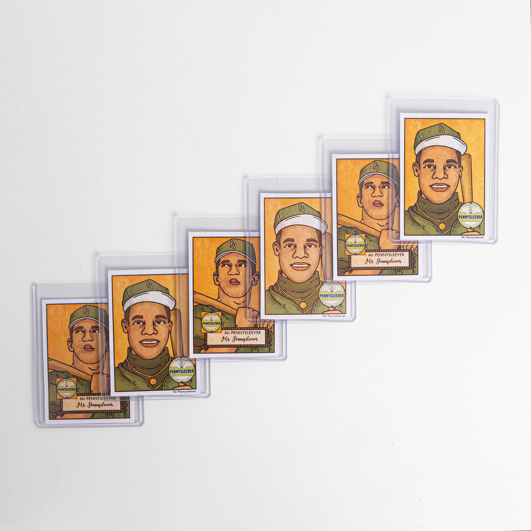 Six baseball cards in 75 point toploaders arranged diagonally against a white background.