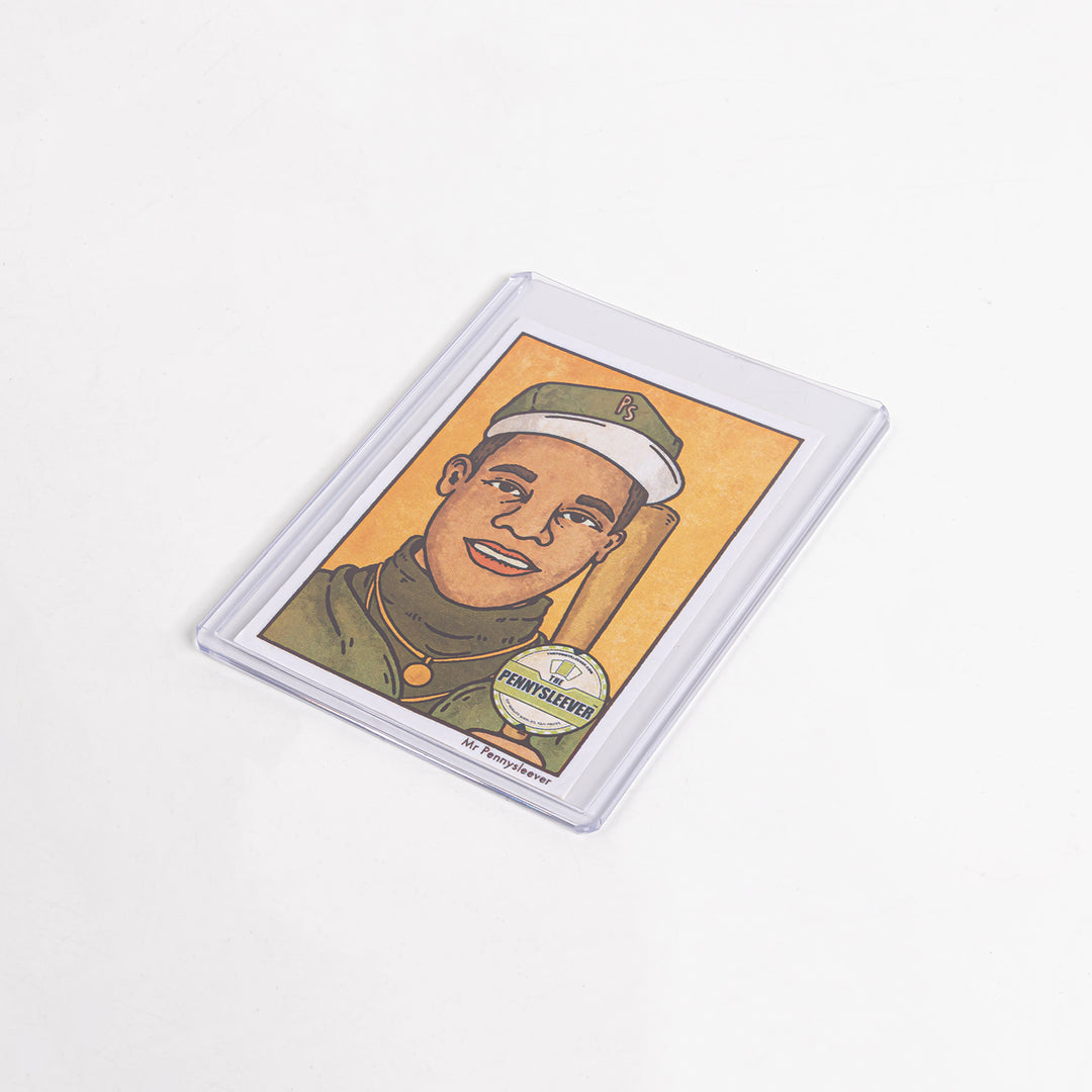 A baseball card in a 75 point toploader against a white background.